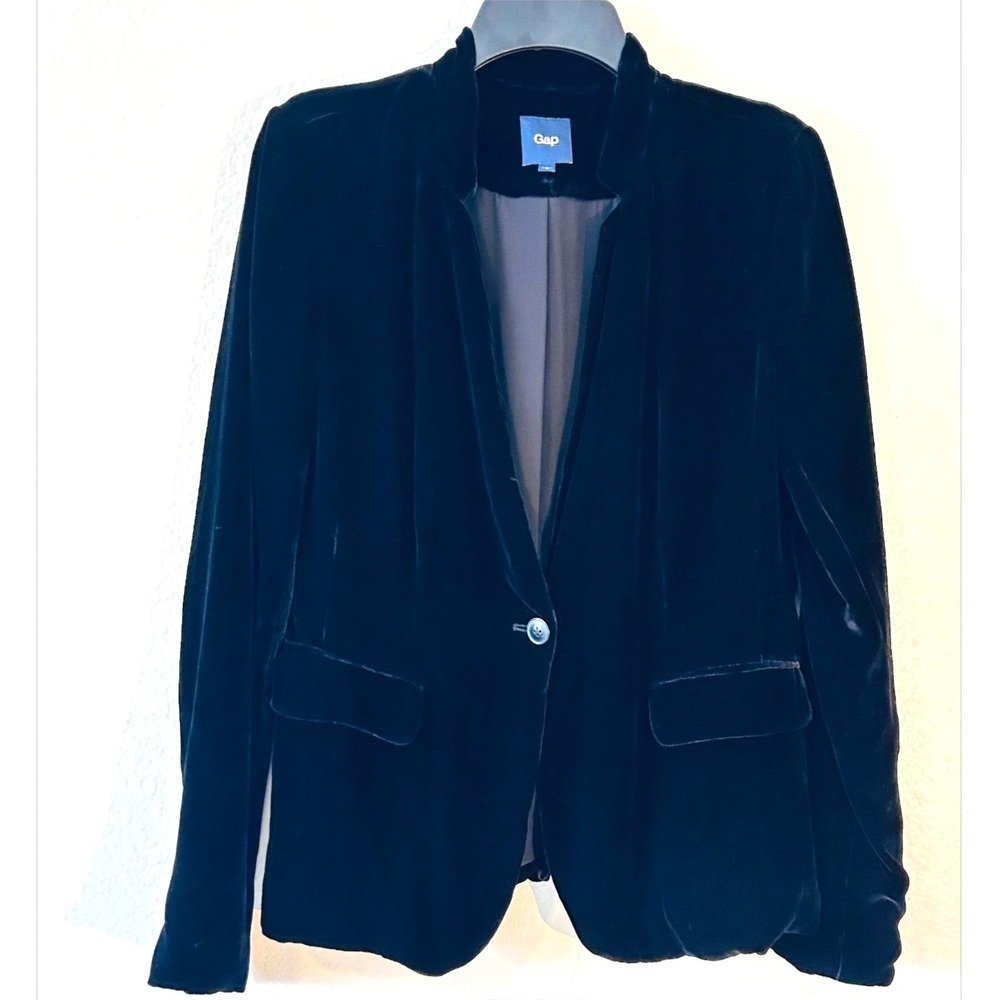 Gap Vintage Black Minimalist Silk Blend Velvet Single Button Blazer Jacket SZ 8